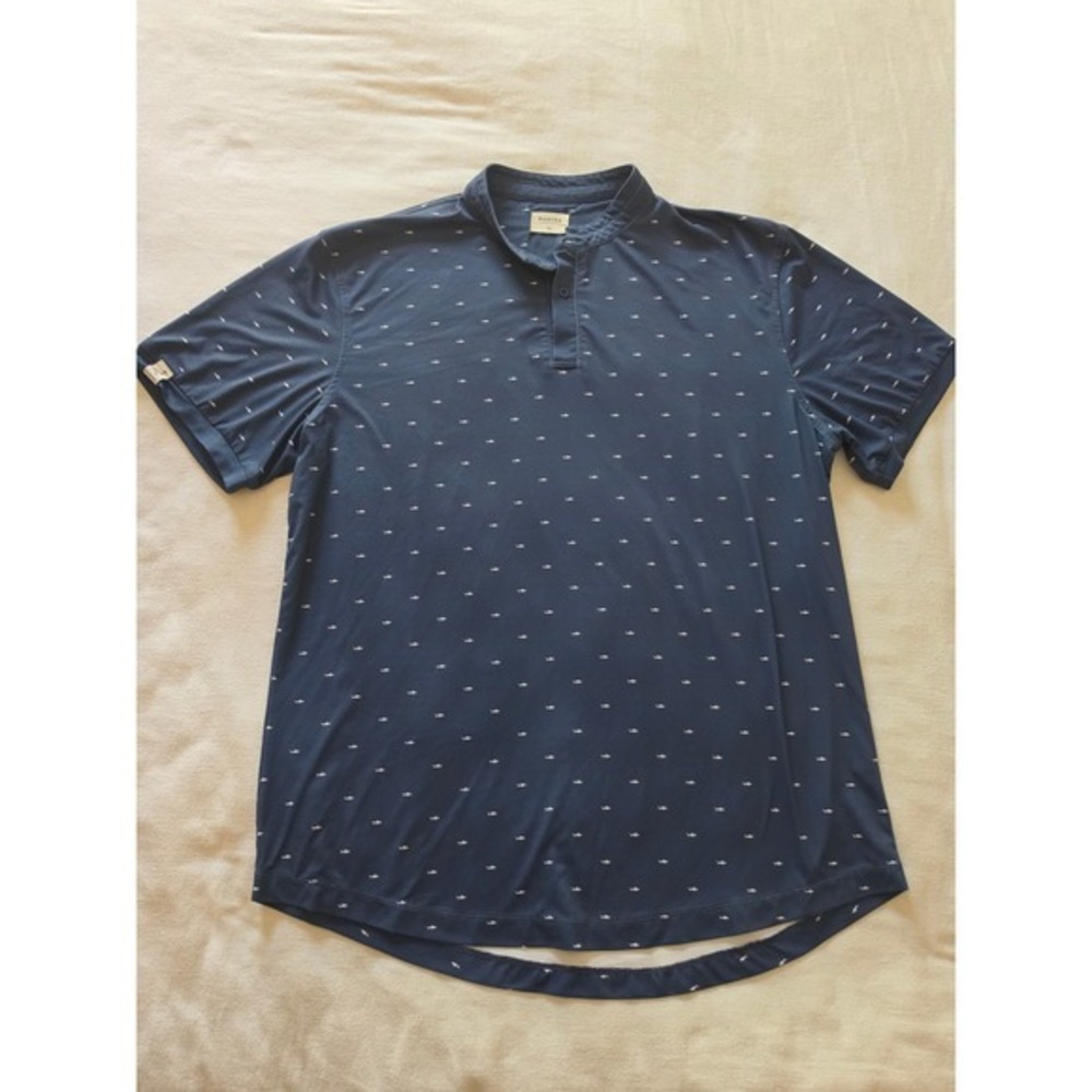Mantra Performance Polo Shirt Mens XL Navy Blue Shark Print Mandarin Collar